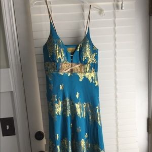 Turquoise and gold Nicole Miller cocktail dress